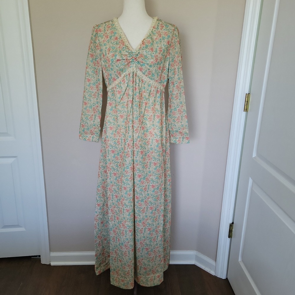 Vintage 70s Womens Maxi Dress Sz L Babydoll Hippie Ditsy Floral Lace Peasant